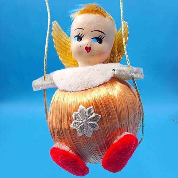 Vintage 1960s Pink Satin Ball Angel Ornament Foil Wings Spun Cotton Composite v2 - Picture 2 of 8